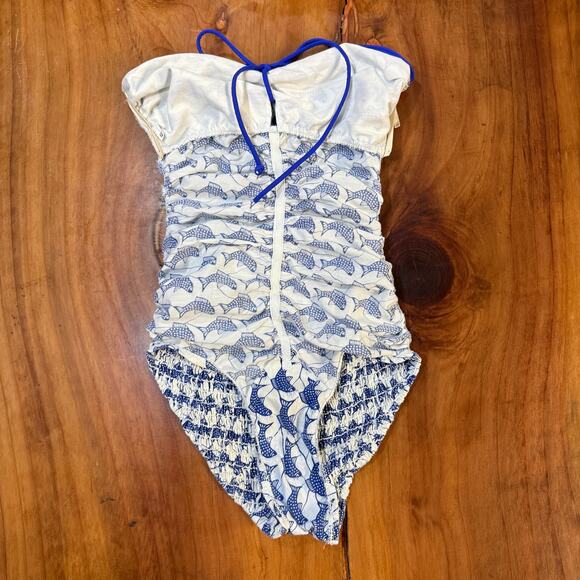 Vintage 60s 70s 1 Piece Swimsuit E-Stewart Beach Strapless Fish Cotton Ruched - Picture 4 of 5